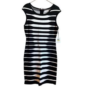 CALVIN KLEIN Black & White Print Knit Stretchy Sheath Dress M Womens Career